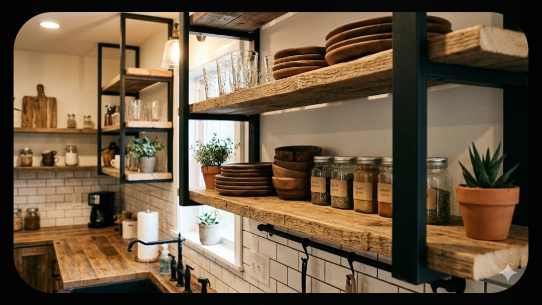 Dapur Rustic dilengkapi Rak Terbuka