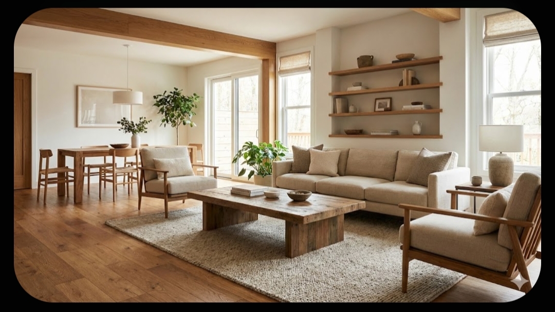 Ruang tamu tanpa sekat dengan material kayu